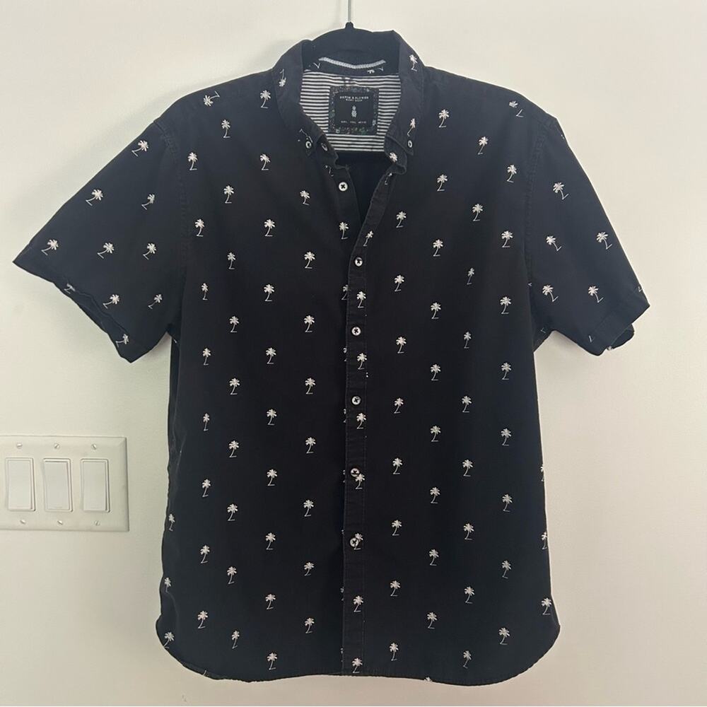 Denim & Flower Black Short-Sleeve Palm Print Button-Down Shirt Men’s L